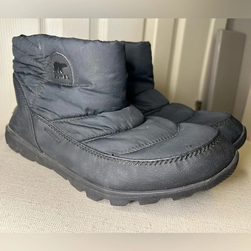 Sorel Women's Whitney Camp Waterproof Black Insulated Quilted Ankle Boots Sz 10